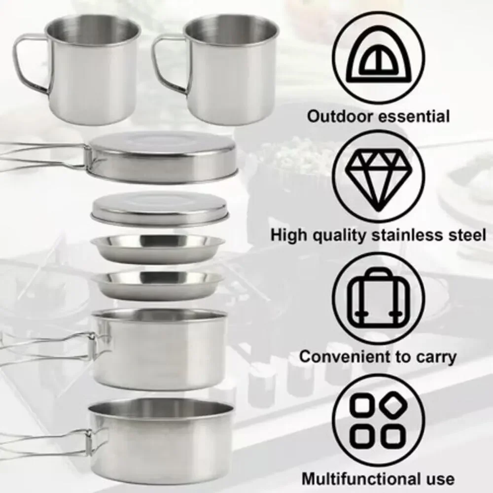 8-Piece Stainless Steel Camping Cookware Set – Lightweight & Compact Pots Pans